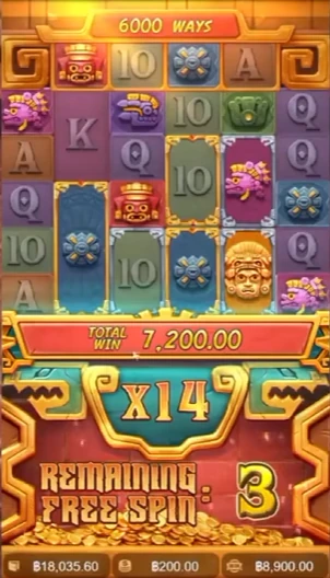 หน้าจอเกมสล็อตบนมือถือ รอบฟรีสปินตัวคูณ x14 ยอดชนะรวม 7,200 บาท